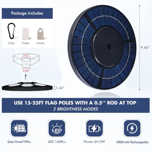 Solar Flag Pole Light, 160 LED 2000Lumens, 16 H Lighting for 15-30 Ft Poles | Solar Powered, 4000 mAh, Full Flag Coverage, IP65 Waterproof, Dusk to Dawn Auto On/Off, Multi-Angle, Rechargeable, White - color: Black