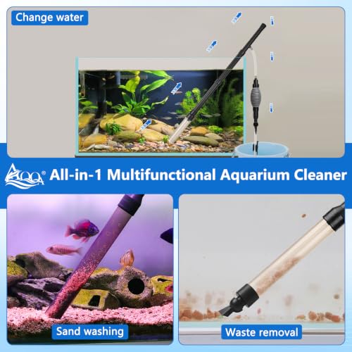 AQQA Gravel Vacuum for Aquarium Siphon - Adjustable Flow Fish Tank Cleaner with Handle, Manual Siphon Pump Water Changer Sand Rock Suction Cleaner, Upgraded Hard Hose with Threaded Connection (L) - size: L for tanks under 34" deep