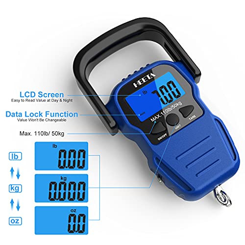HEETA Fish Scale Digital Fishing Luggage Weight Scale with Measuring Tape | Up 110lb/50kg Portable Hanging Scale with Backlit LCD Display for Home Farm Outdoor Hunting Fishing, 2 AAA Batteries Included - color: Blue
