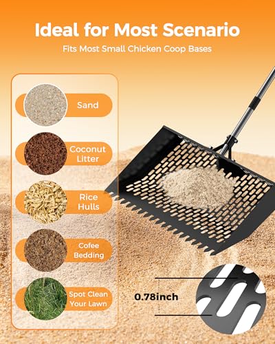 15 inches Large Chicken Poop Scooper & Rake 2-in-1, Adjustable Chicken Coop Pooper Shovel (37 to 77"), Sifting Litter Shovel Scoop for Chicken Coop/Goat Stall/Stable Cleaning Tool - size: New Style - 15 inch