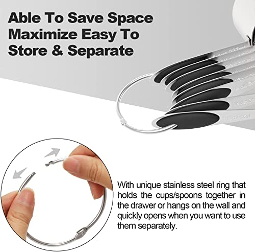 Measuring Cups & Spoons Set of 16, Wildone Stainless Steel Measuring Cups and Measuring Spoons with Black Silicone Handle, Including 8 Nesting Cups, 8 Spoons, for Dry and Liquid Ingredient - color: Black
