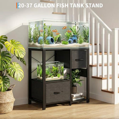 IDEALHOUSE 20-37 Gallon Fish Tank Stand, 80cm Industrial Metal Aquarium Stand with 2 Drawers, Heavy Duty Reptile Tank Stand with Storage Shelves, Black Finish