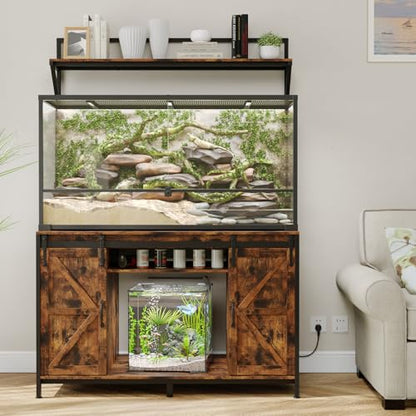 VOWNER 48"x24"Reptile Tank Stand with Power Outlet & Storage Cabinet, Brown | Fits up to 120 Gallon Bearded Dragon Tank, Sliding Barn Doors, Heavy Duty Aquarium Stand, Reptile Turtle Terrarium Stand - color: Rustic Brown
