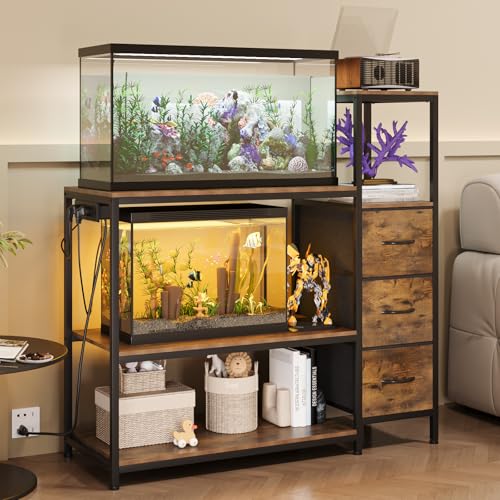 20 Gallon Aquarium Stand with Drawers & Power Outlet, Brown | Fits 20 Gallon Tanks; Reptile Tank Stand; 3-Tier Storage Shelves; Adjustable Height; Heavy-Duty Metal Frame - color: Brown