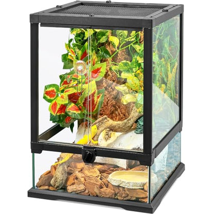 18x12x12'' Front-Opening Glass Reptile Tank for Gecko & Snake | Watertight base & metal mesh top; front-opening for easy feeding; pre-drilled cable holes. Fits tree frogs & chameleons. - size: 18'' x 12.6'' x 12.6''