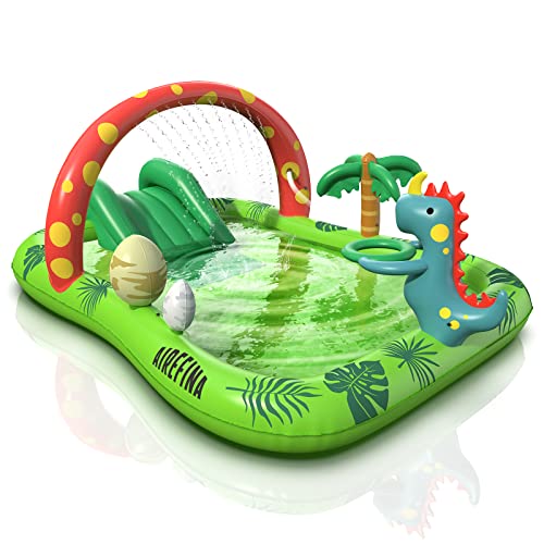 Inflatable Kids Pool, Airefina Dino Planet Inflatable Play Center Kiddie Pool with Water Slide, Ultra Thick 97"x76"x41" Toddler Pool with Play Ball Hoop, for Backyard, Garden, Water Park, Ages 3+ - size: Dino