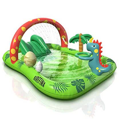 Inflatable Kids Pool, Airefina Dino Planet Inflatable Play Center Kiddie Pool with Water Slide, Ultra Thick 97"x76"x41" Toddler Pool with Play Ball Hoop, for Backyard, Garden, Water Park, Ages 3+ - size: Dino