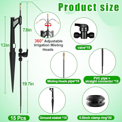 15 Sets 360° Adjustable Irrigation Misting Heads with Stake | Micro Spray Emitters with 1/4" Irrigation Tubing on Riser Stake,Atomizing Sprinkler Stake Assembly for Garden Watering System - size: 15 Sets Misting Heads with Stake