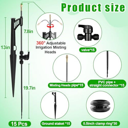 15 Sets 360° Adjustable Irrigation Misting Heads with Stake | Micro Spray Emitters with 1/4" Irrigation Tubing on Riser Stake,Atomizing Sprinkler Stake Assembly for Garden Watering System - size: 15 Sets Misting Heads with Stake