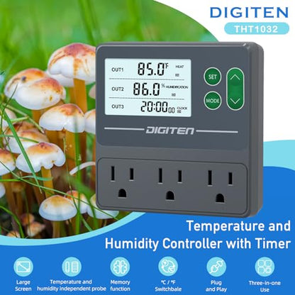 DIGITEN Temperature and Humidity Controller with Timer,3 Outlet Dual Probes | 3-Stage Outlet Control Temp,Humidity & Timer Separately,Digital Thermostat Outlet for Reptile,Aquariums,Mushroom,Greenhouse
