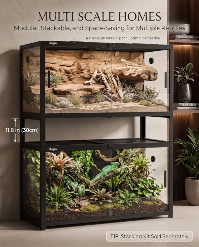 120 Gallon Reptile Tank, 4x2x2 Reptile Enclosure Front Sliding Door | Stackable ventilation 120 Gallon Bearded Dragon Tank anti-escape locks and no-fingerprint handles maximizes UVB transmissionn - color: Black, size: 120 Gallon