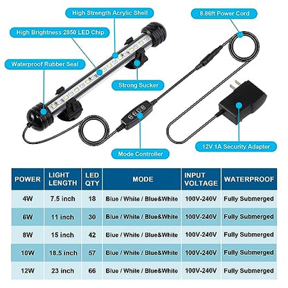 DaToo 12W 23inch Submersible Aquarium Light Underwater Fish Tank Light LED Aquarium Light Bar with Timer Auto On/Off and Dimmer Adjustable Brightness, 1 Yr Warranty - size: 12W 23inch (With Timer&Dimmer)