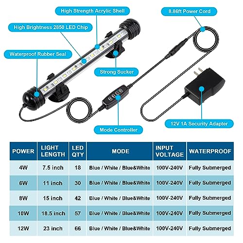 DaToo 6W 11inch Submersible Aquarium Light Underwater Fish Tank Light LED Aquarium Light Bar with Timer Auto On/Off and Dimmer Adjustable Brightness, 1 Yr Warranty - size: 6W 11inch (With Timer&Dimmer)