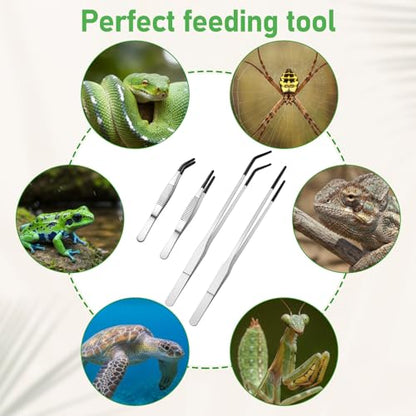 4PCS Reptile Feeding Tongs Long Tweezers for Aquarium Crafts Tank | Stainless Steel Feeding Tongs, 10.6" Straight and Curved Tweezers with Soft Rubber Tip Terrarium Supplies