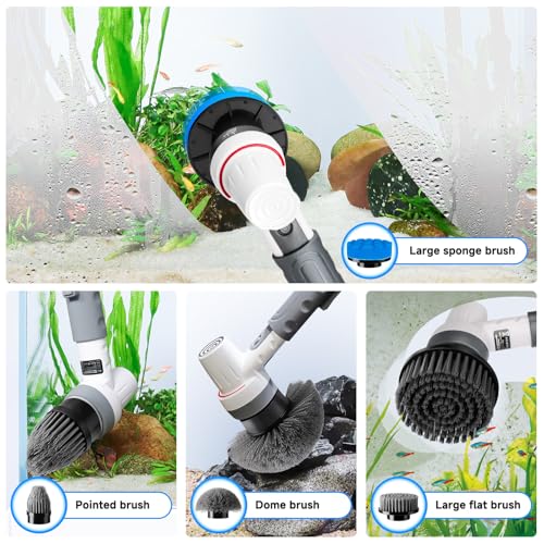 AQQA 8-in-1 Electric Aquarium Cleaning Kit, Grey | IPX9 Waterproof, Cordless Rechargeable, Glass Scrubber, Handheld Fish Tank Cleaner