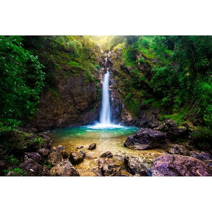 Waterfall Aquarium Background Deep Forest Natural Landscape Terrarium Background Falls Green Jungle Plants Huge Rocks Fish Tank Background Waterfall Rock Reptile Habitat Background Vinyl 24x12in - color: Ochre, size: 24(W)x12(H)in