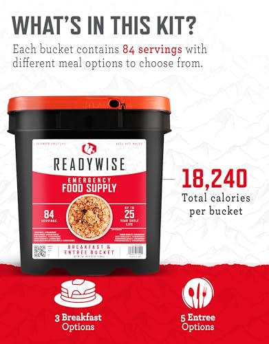 ReadyWise Emergency Food Supply - 84 Servings Breakfast & Entrée Bucket, Protein Meals, Dehydrated & Freeze Dried Food for Backpacking, Camping Essentials & Prepping Supplies, up to 25 Year Shelf Life