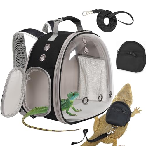Desert Iguana Backpack Carrier,Bearded Dragon Portable Backpack Carrier with Small Backpack Harness Leash Set,Space Capsule Clear Bubble Window Travel Backpack for Lizard Travel,Guinea Pig,Rabbit - color: Black