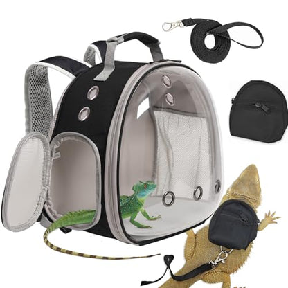 Desert Iguana Backpack Carrier,Bearded Dragon Portable Backpack Carrier with Small Backpack Harness Leash Set,Space Capsule Clear Bubble Window Travel Backpack for Lizard Travel,Guinea Pig,Rabbit - color: Black