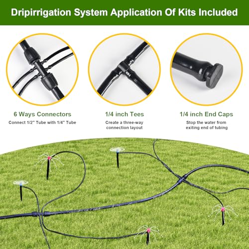 100FT 1/4 Inch Drip Irrigation Tubing, Distribution Hose Tube Kit Includes 2pcs 6-Way Connectors & 20pcs 1/4" Tee Splitters and End Plugs for Garden DIY Water-Saving Drip Irrigation System - color: Black-100FT