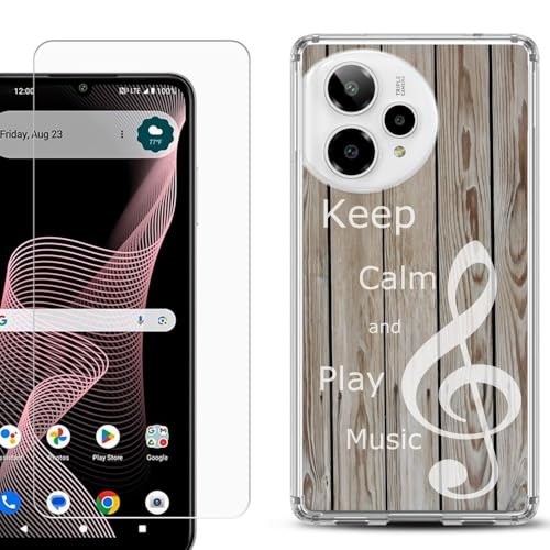 Shockproof Phone Case Compatible with Cricket Icon Plus 2026, w/Tempered Glass - Wood/Music - color: Wood/Music