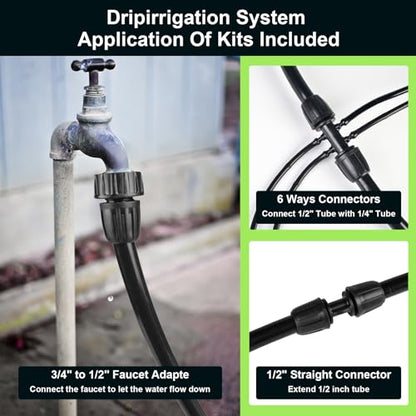50FT 1/2 Inch Drip Irrigation Tubing Main Line Hose Tube, Drip Line Irrigation System Includes 2pcs 6-Way Connector & 1/2" Straight Connector & 3/4" to 1/2" Faucet Adapter for Garden Watering - color: Black-50FT