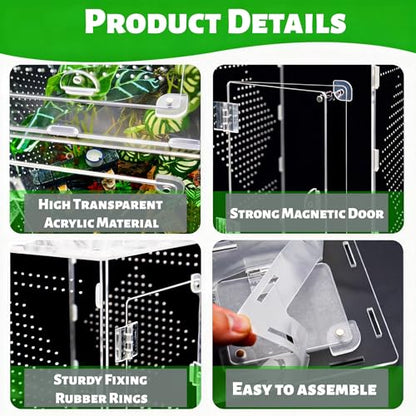 Large Jumping Spider Enclosure, Acrylic Ventilated Terrarium with Magnetic Front and Top Doors, 8.5x8.5x12 Inch, Transparent, Lockable (Large Size) - size: Large Size