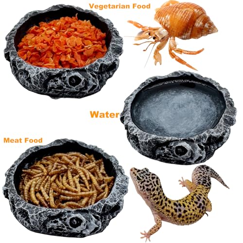 3 Pack Small Reptile Food and Water Bowls, Reptile Feeding Terrarium Bowls for Bearded Dragon Lizard Frog Gecko Tortoise Hermit Crab Snail (Black B) - color: Black - 3 Pack Round Bowls