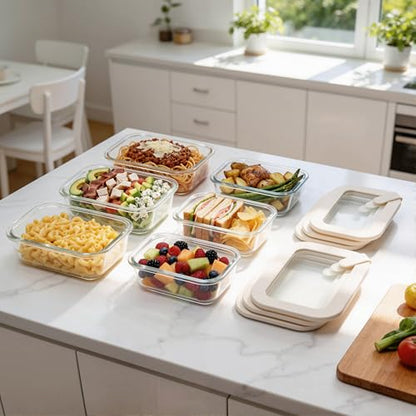 Glass Food Storage Containers with Glass Lids, Microwave Safe Food Container Set, Aitight Meal Prep Container Set, LeakProof, 100% Plastic Free, 6 Pack - color: Ivory White - 6RT