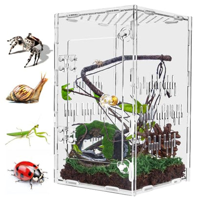 Jumping Spider Enclosure, Large Acrylic Praying Mantis Habitat, 10"*6"*6" Ventilated Insect Terrarium Cage with Front Opening Door for Small Retiles - Arboreal Tarantula, Snails, Bug, Lizard - size: Medium-10''x6''x6''