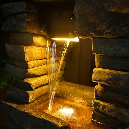 Tankana 60 inches Large Outdoor Water Fountain Waterfall — Garden Rock Fountains 4-Tiered Waterfalls Outdoor with Lights Natural Stone Look Hollow Fountain for Patio Pool Porch Backyard, Stone Gray