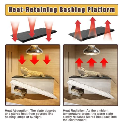 Large Bearded Dragon Basking Platform,Wooden Reptile Hide Cave with Slate Rock Climbing Ramp Tank Accessories for Leopard Geckos,Lizard,Snake,Tortoise - size: L:12.9×7.1×4.7"