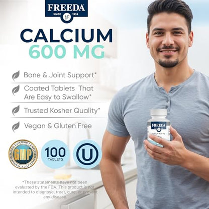 FREEDA Calcium 600mg Tablets for Bone, Joint & Teeth Support – 100 Count | Gluten-Free, Easy-to-Swallow Coated Tablets to Support Healthy Bones, Joints, Teeth, Muscle Function & Nerve Health