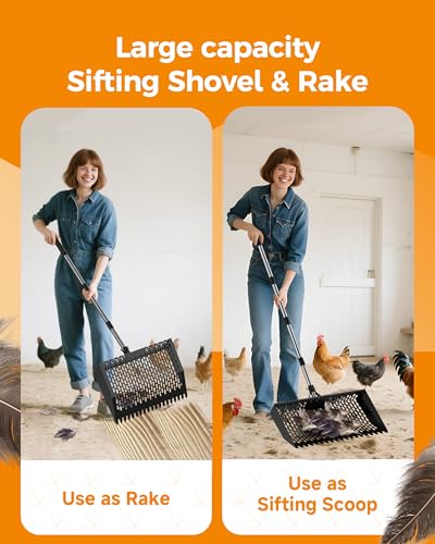 15 inches Large Chicken Poop Scooper & Rake 2-in-1, Adjustable Chicken Coop Pooper Shovel (37 to 77"), Sifting Litter Shovel Scoop for Chicken Coop/Goat Stall/Stable Cleaning Tool - size: New Style - 15 inch