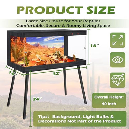 Royxen Bearded Dragon Tank, 36 Gallon Reptile Tank with Leg Stand,Built-in Lighting Reptile Enclosure, Tempered Glass Bearded Dragon Encloure for Chameleon (Black,32"x 16"x 16") - color: Black, size: 36 Gallons,32"x16"x16"