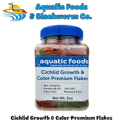 Cichlid Growth & Color Enhancing Flakes for Cichlids, Discus, All Tropicals. Aquatic Foods Premium Flakes…2oz Small Jar - size: 2 Ounce (Pack of 1)