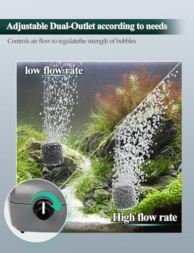 Aquarium Air Pump Grey, Fish Tank Air Pump with Accessories Adjustable Dual Outlet Oxygen Pump with 2 Air Stones Extra Large Air Volume for Up to 160 Gal Fish Tank 3.5W