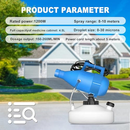 ZFULVO 4.5L(1.2Gallon) Portable Electric ULV Fogger Sprayer | 26-32ft Spraying Distance Atomizer Mist Rate 150-260ml/min, Cold Fogger Machine for Home,Hotel,Church,School,Lawn,Yard,Garden