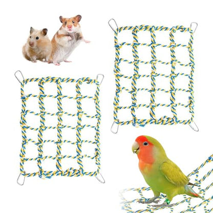 2 Pcs Rat Climbing Ropes for Cage Rat Cage Accessories Bird Rope Rat Toys for Pet 12.6 x 9.84 inch Hammock Hamster Cotton Rope Bridge Bird Ladder with 4 Silver Hooks（Yellow） - color: Yellow