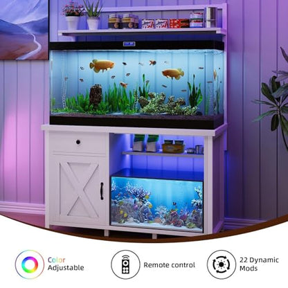 55-75 Gallon Fish Tank Stand with Storage, Aquarium Stand with Shelf, White | 49.2 x 19.7 In Top, Upper Shelf, LED Light, 2 Outlets, 2 USB Ports, Metal Frame Support, Turtle Tank Stand, 1100 LBS - color: White