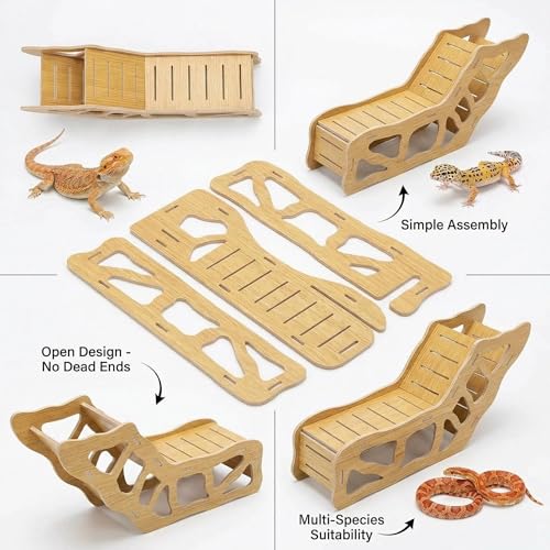 3-in-1 Poplar Wood Reptile Hideout with Sloped Ramp & Tunnel, Golden-Brown Terrarium Decor for Bearded Dragon, Lizard, Snake, Gecko, Lightweight Easy-Clean Habitat (Golden-Brown Poplar Wood)