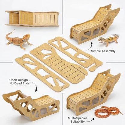 3-in-1 Poplar Wood Reptile Hideout with Sloped Ramp & Tunnel, Golden-Brown Terrarium Decor for Bearded Dragon, Lizard, Snake, Gecko, Lightweight Easy-Clean Habitat (Golden-Brown Poplar Wood)
