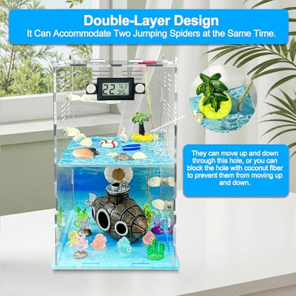 Jumping Spider Enclosure,DIY Insects Habitat,Small Reptile Terrarium Glass House Accessories Set,with Temperature and Humidity Detector Water Feeder Platform Hide,5.5“x5.5”x9.5“ (Ocean) - color: Ocean