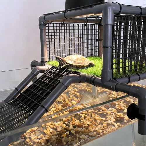 Elevated Turtle Basking Platform Above Tank, Turtle Topper Dock with Non-Slip Ramp and Grass, Extra Large Loft for 18-20” Wide 75/90/125 Gal (Grey/Black) - size: Extra Large (fits 18‑20 inch wide turtle tanks)