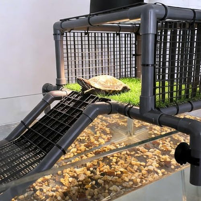 Elevated Turtle Basking Platform Above Tank, Turtle Topper Dock with Non-Slip Ramp and Grass, Extra Large Loft for 18-20” Wide 75/90/125 Gal (Grey/Black) - size: Extra Large (fits 18‑20 inch wide turtle tanks)