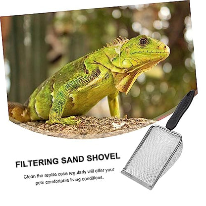 POPETPOP Stainless Steel Reptile Sand Shovel Fine Mesh Filtering Shovel for Tortoise and Lizard Waste Cleanup Sturdy Terrarium Substrate Cleaner Ergonomic Handle