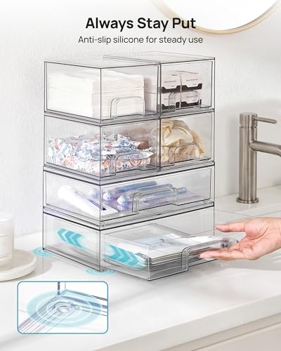 Vtopmart Stackable Storage Drawers Set of 6, Clear Plastic Organizer Bins for Bathroom Supplies, Ideal for Cabinet,Shelf, Pantry, Laundry Room Organization - style: 4 Small+2 Wide