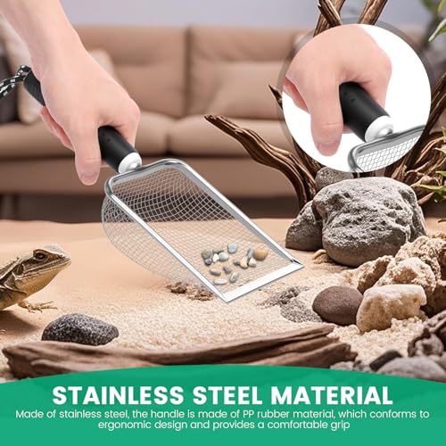 Metal Cat Litter Scoop, Sturdy Litter Cleaner Corner Shovel with Small Broom & Dustpan, Speed Sifter Litter Box Scooper Captures All Clumps, Easy to Clean Reptile Terrarium Sand Waste (# A)
