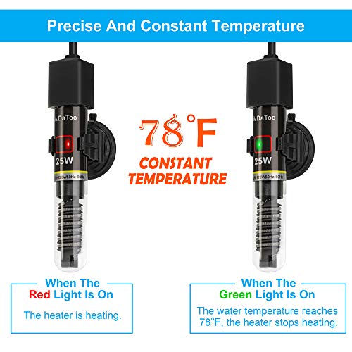 DaToo Mini Aquarium Heater 25W Small Fish Tank Heater 25 Watt with Free Thermometer Sticker - size: 25W
