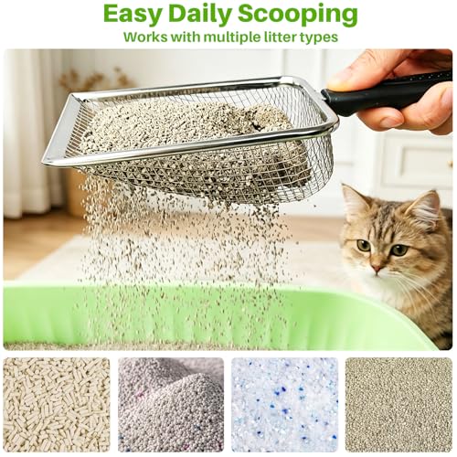 2 Pack Cat Litter Scoop with 3.8mm & 5mm Mesh – Stainless Steel Kitten Litter Scoop with 2 Adhesive Hooks, Metal Cat Poop Scooper for All Litter Types, Efficient Sifting & Easy Cleaning for Litter Box